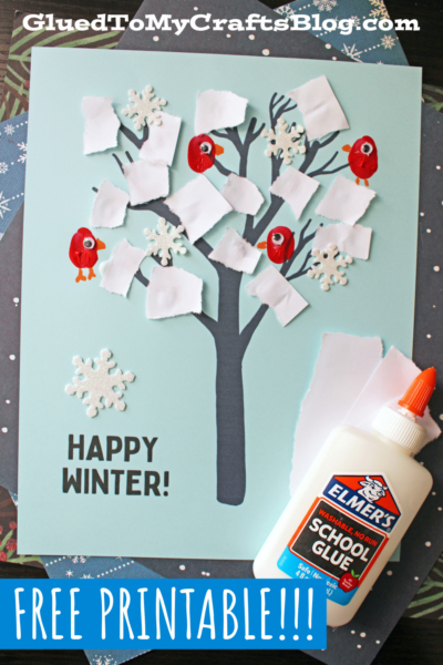 Torn Paper Winter Tree Craft Idea w/Fingerprint Cardinals