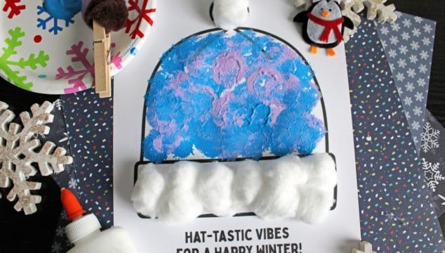 Pom Pom Stamped Winter Hat Craft Idea