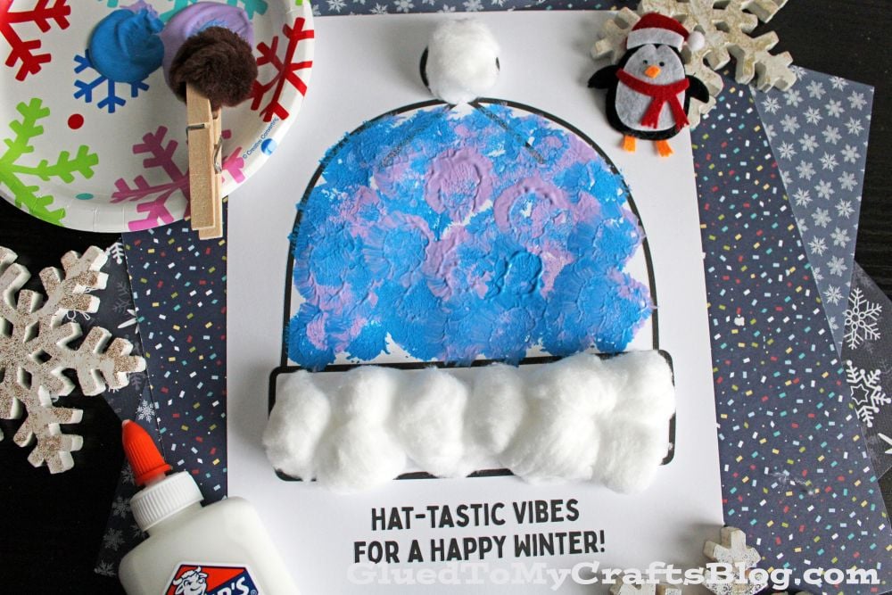 Pom Pom Stamped Winter Hat Craft Idea