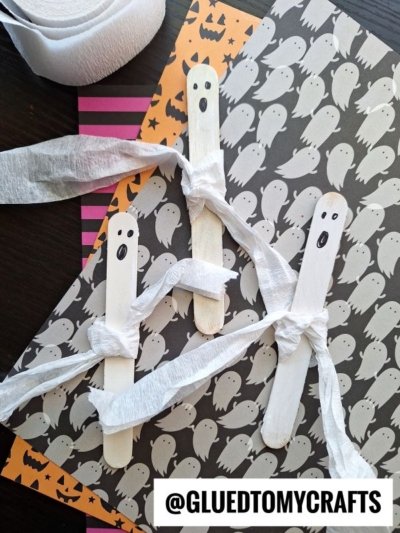 POPSICLE STICK AND CREPE PAPER GHOST PUPPETS