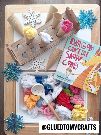 SCRUNCH UP TISSUE PAPER TO MAKE A SNOW CONE PLAY TABLE