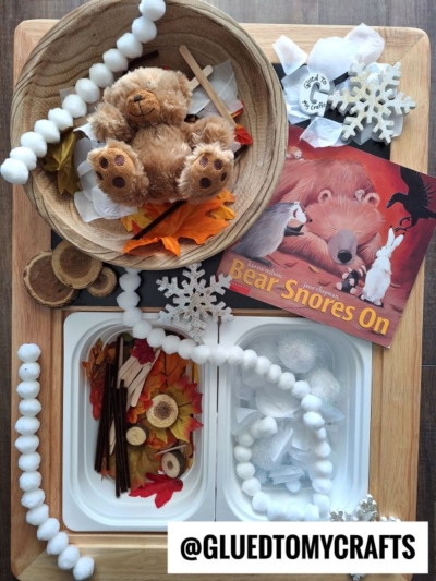 MAKE A COZY CAVE FOR BEAR - USE LEAVES, STICKS AND POM POMS