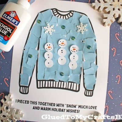 A craft project features a torn paper winter sweater with snowmen made from white buttons, blue paper pieces for snow, sequins, and snowflake decorations. Text says, I pieced this together with snow much love.