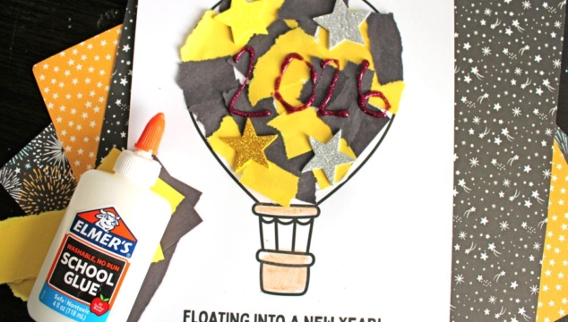 A New Year’s torn paper hot air balloon craft features yellow and black paper, gold glitter stars, and “2026” in red glitter glue. Includes Elmers glue and a "FREE PRINTABLE!!!" for an easy, festive activity.