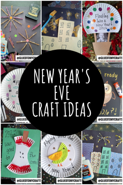 A collage of colorful New Year’s Eve Crafts For Kids, featuring paper plate creations, fireworks art, and festive decorations, with “New Year’s Eve Craft Ideas” in bold text at the center.