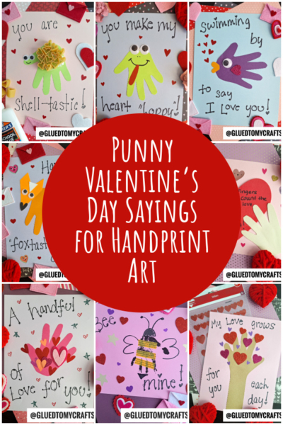 A collage of colorful, handmade Valentine’s cards showcases handprint art and punny Valentine’s Day sayings, with a red circle in the center that reads “Punny Valentine’s Day Sayings for Handprint Art.”.