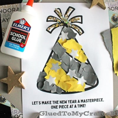 Create a Torn Paper New Year’s Eve Hat with yellow, black, and gray paper scraps and silver stars. Elmers glue and glittery stars complete the fun.