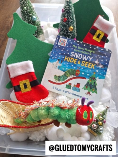 HUNGRY CATERPILLAR SNOWY SCENE - ADD A SMALL SLEIGH, STOCKINGS AND TREES