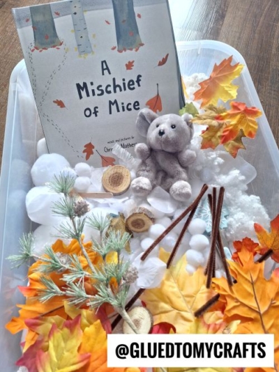 A MISCHIELF OF MICE - FAKE SNOW, PLASTIC LEAVES AND MOUSE PLUSHIE