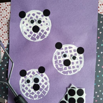 POTATO MASHER STAMPED PANDA BEAR - USE DOT STICKERS FOR THE EARS & NOSES