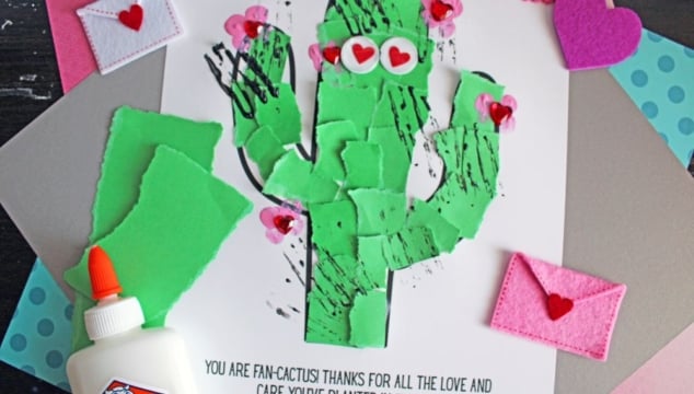 A playful torn paper cactus craft with hearts and flowers. Includes glue and felt hearts.