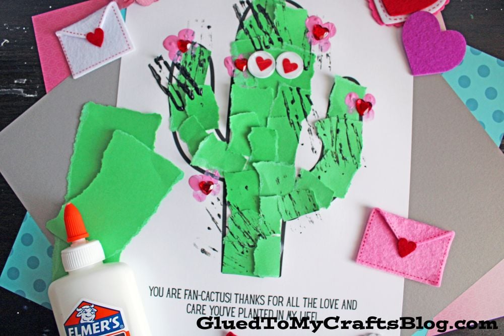 A playful torn paper cactus craft with hearts and flowers. Includes glue and felt hearts.