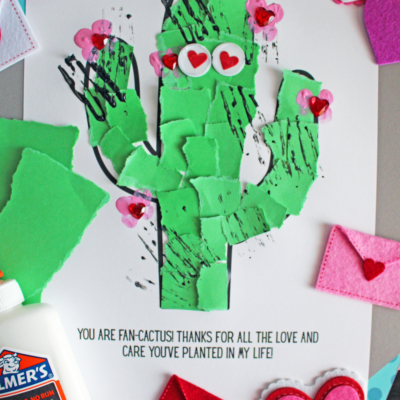 A playful torn paper cactus craft with hearts and flowers. Includes glue and felt hearts.
