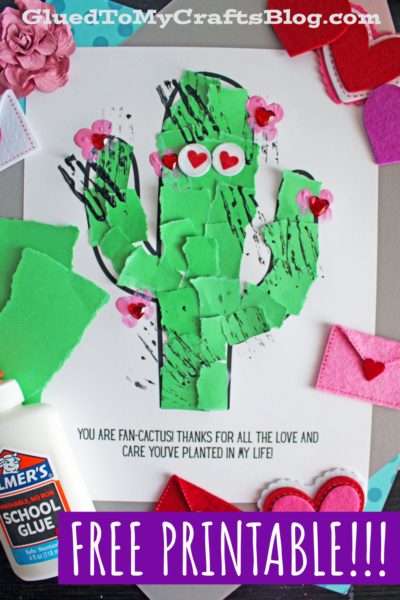A playful torn paper cactus craft with hearts and flowers. Includes glue and felt hearts.