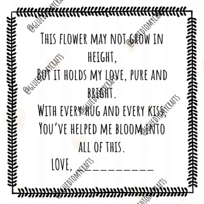 A decorative border frames a poem about love and gratitude, with a blank space after Love, for a signature. The text is handwritten in a playful, all-caps font.