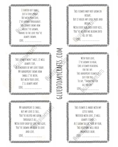 Six printable cards feature decorative borders and sentimental handprint flower poems about love. Designed as keepsakes or gifts, each card includes blank spaces for personalized signatures.