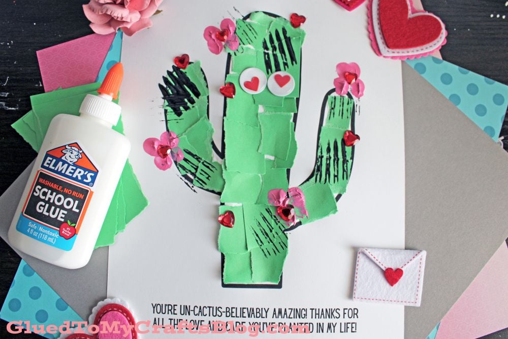 A playful torn paper cactus craft with hearts and flowers. Includes glue and felt hearts.