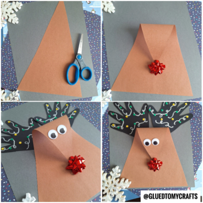 Four-step collage showing how to make a reindeer craft. Steps include brown paper, scissors, a folded cone with a red bow nose, added googly eyes, and decorated black antlers on a gray background. Snowflake decorations appear.