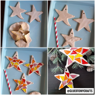 Four-step collage showing a DIY star ornament craft. The steps include cutting star shapes from clay, creating a hole with a straw, decorating with colored mosaic pieces, and the finished ornaments hanging on a tree.