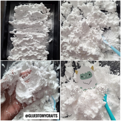 Four images show a fluffy, snow-like craft material on a black tray, being handled with a blue tool and by hand. The last image includes a cute paper yeti decoration and a snowflake, with @GLUEDTOMYCRAFTS visible.