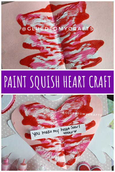 Two photos show a heart-shaped paper painted with red and white in a marbled squish pattern. The bottom image includes a handwritten note reading, You make my heart soar! - Alex. Craft supplies are nearby.