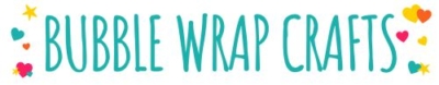 Text reads Bubble Wrap Crafts in large teal letters, surrounded by colorful stars and heart shapes on a white background.