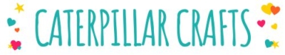 Text reads CATERPILLAR in large teal letters, surrounded by colorful stars and heart shapes on a white background.