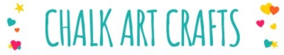 Text reads CHALK ART CRAFTS in large teal letters, surrounded by colorful stars and heart shapes on a white background.