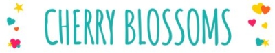 Text reads CHERRY BLOSSOM in large teal letters, surrounded by colorful stars and heart shapes on a white background.