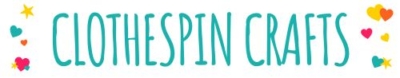 Text reads CLOTHESPIN CRAFTS in large teal letters, surrounded by colorful stars and heart shapes on a white background.