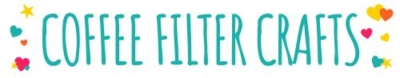 Text reads COFFEE FILTER CRAFTS in large teal letters, surrounded by colorful stars and heart shapes on a white background.