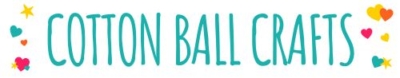 Text reads COTTON BALL CRAFTS in large teal letters, surrounded by colorful stars and heart shapes on a white background.