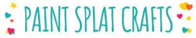 Paint Splat Crafts in teal letters surrounded by colorful stars and heart shapes on a white background.