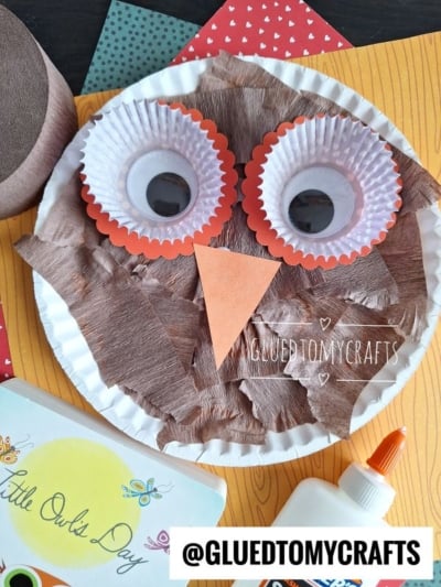 A paper plate owl craft with brown paper pieces, cupcake liners for eyes, and an orange triangle beak, surrounded by craft supplies including glue, construction paper, and a Little Owls Day book.