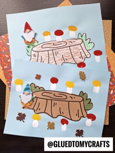 Two blue papers display tree stump crafts with hand-drawn, colored stumps, felt gnomes, and paper or felt mushrooms and leaves, arranged on colorful autumn-patterned background sheets—perfect fall crafts for kids.