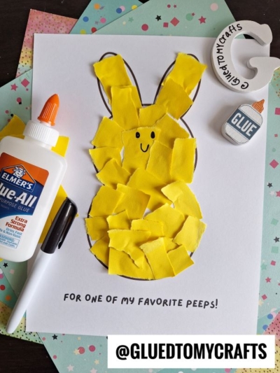 A kids craft features a torn paper Peeps bunny outline filled with yellow pieces, surrounded by a glue bottle, a marker, and paper cutouts on a pastel star-patterned background. Text says FOR ONE OF MY FAVORITE PEEPS!.