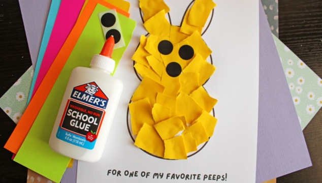 A bunny craft made from yellow torn paper pieces glued to a white sheet, with black paper circles for eyes and nose, a bottle of Elmer’s glue, and colored paper sheets in the background. Text reads: “FOR ONE OF MY FAVORITE PEEPS!”.