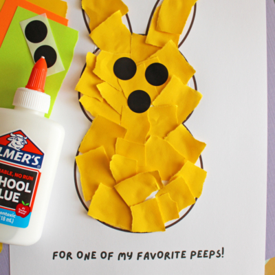 A childrens craft project shows a bunny shape filled with torn yellow paper, black paper circles for eyes and nose, a bottle of Elmers glue, colorful paper squares, and text reading For one of my favorite peeps! FREE PRINTABLE!!!.