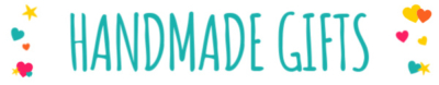 The image shows the words HANDMADE GIFTS in teal, playful font. Colorful stars and hearts decorate both sides of the text on a white background.