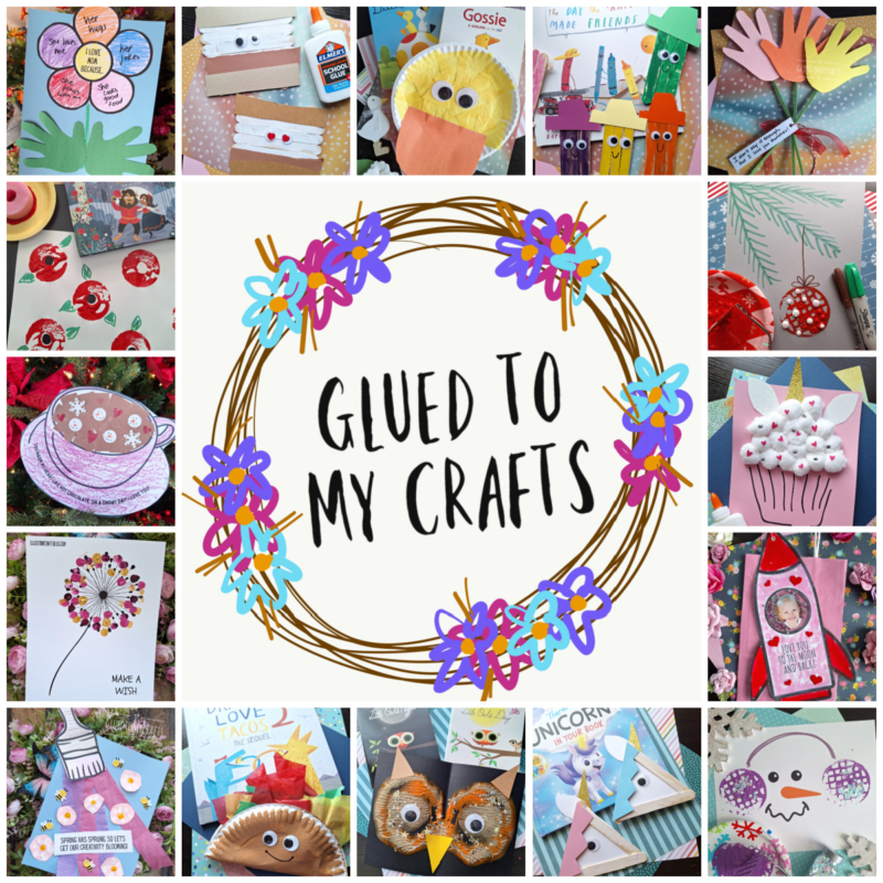 A collage of colorful childrens crafts surrounds a central wreath with flowers that reads Glued To My Crafts by Stacey Gibbon. Projects include paper animals, handprint art, cards, and holiday-themed decorations.