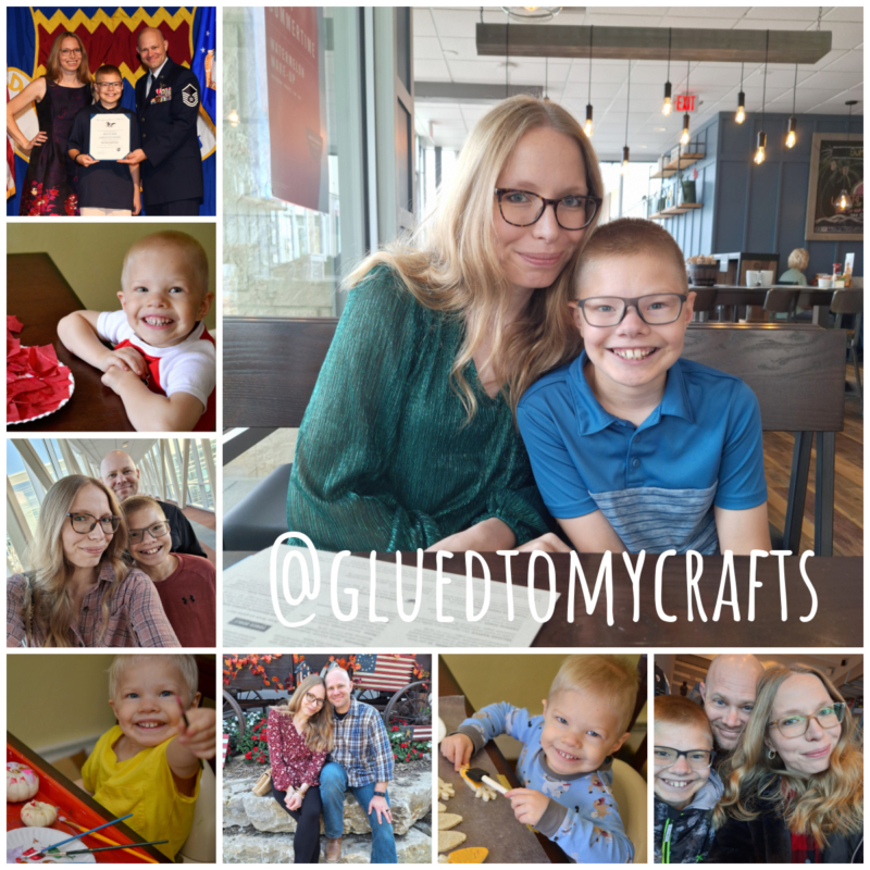 A collage of family photos featuring Stacey Gibbon, a boy, and a young child in cheerful moments, with @GLUEDTOMYCRAFTS written across the center image of Stacey and the boy smiling in a cafe.