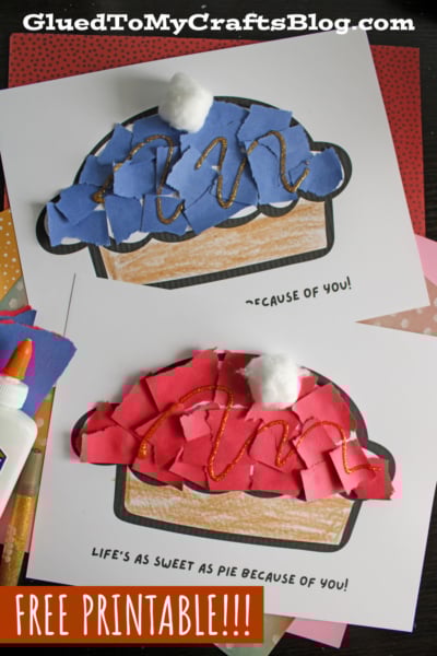 Two paper cupcake crafts with torn blue and red paper, gold glitter, and cotton ball toppings are displayed on printed cupcake outlines. The text says “Life is as sweet as pie because of you!” and “FREE PRINTABLE!!!”.