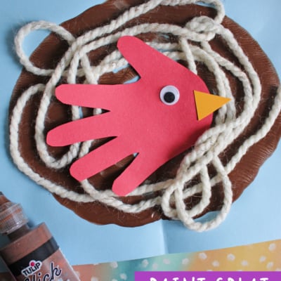 A childrens bird nest craft made with brown paint, white yarn, and a red paper handprint cutout as a bird with a yellow beak. Craft supplies and patterned paper are visible in the background. Text reads: Paint Splat Bird Nest Craft.