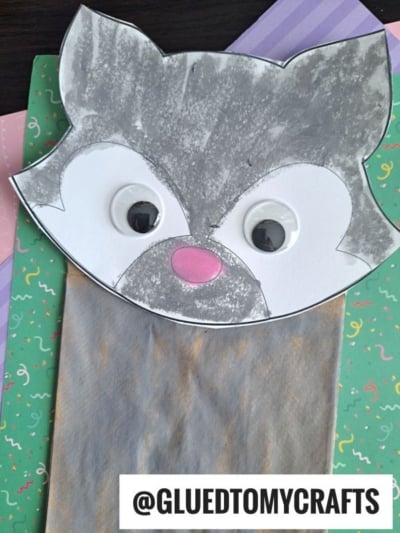 A handmade raccoon puppet with a gray paper bag body, large googly eyes, and a crayon-colored face sits on a colorful background—perfect for pairing with your lunch sack wolf puppet or other creative paper bag animal crafts.