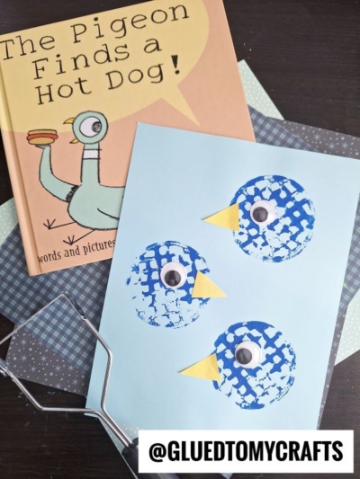 Potato Masher Stamped Pigeon Craft Idea For Story Time - The book is titled The Pigeon Finds A Hot Dog by Mo Williems