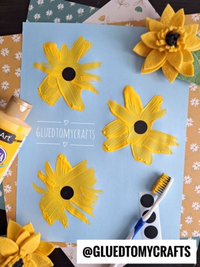 TOOTH BRUSH PAINTED SUNFLOWERS - USE DOT STICKERS FOR THE CENTERS