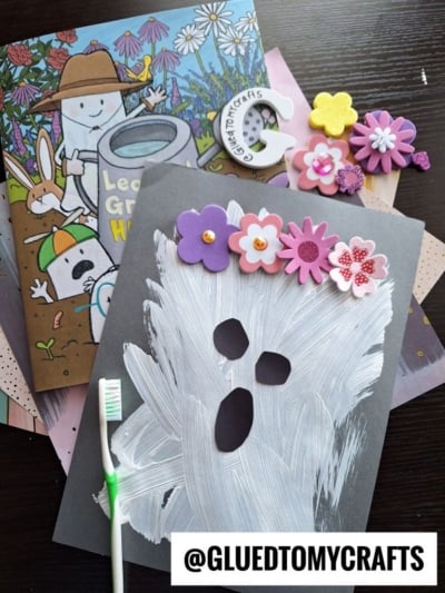TOOTH BRUSH PAINTED GHOST - ADD FLOWER STICKERS FOR SPRING