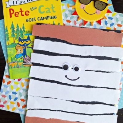 Children’s book “Pete the Cat Goes Camping,” a paper craft with wiggly eyes and stripes resembling a s’more, a smiling sun craft, and colorful patterned papers. Text: @GLUEDTOMYCRAFTS.