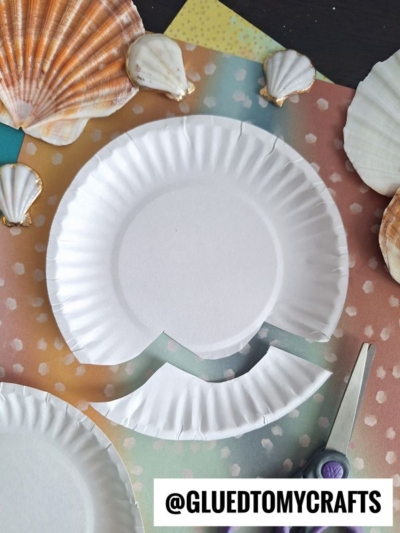 A white paper plate with a section cut out, surrounded by seashells, colorful paper, a pair of scissors, and the text @GLUEDTOMYCRAFTS at the bottom.