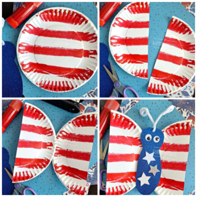 Four-step collage showing a paper plate craft: red stripes are painted on a plate, its cut in half, halves are arranged as wings, and a blue butterfly body with stars, googly eyes, and antennae is added. Craft materials visible.